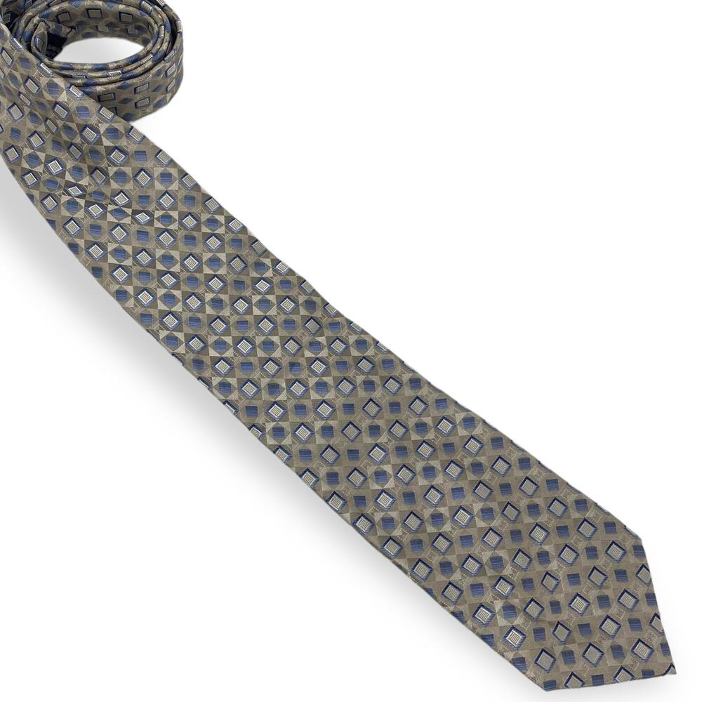 JOSEPH AND FEISS INTERNATIONAL Tan Blue Silk Geometric Print Tie